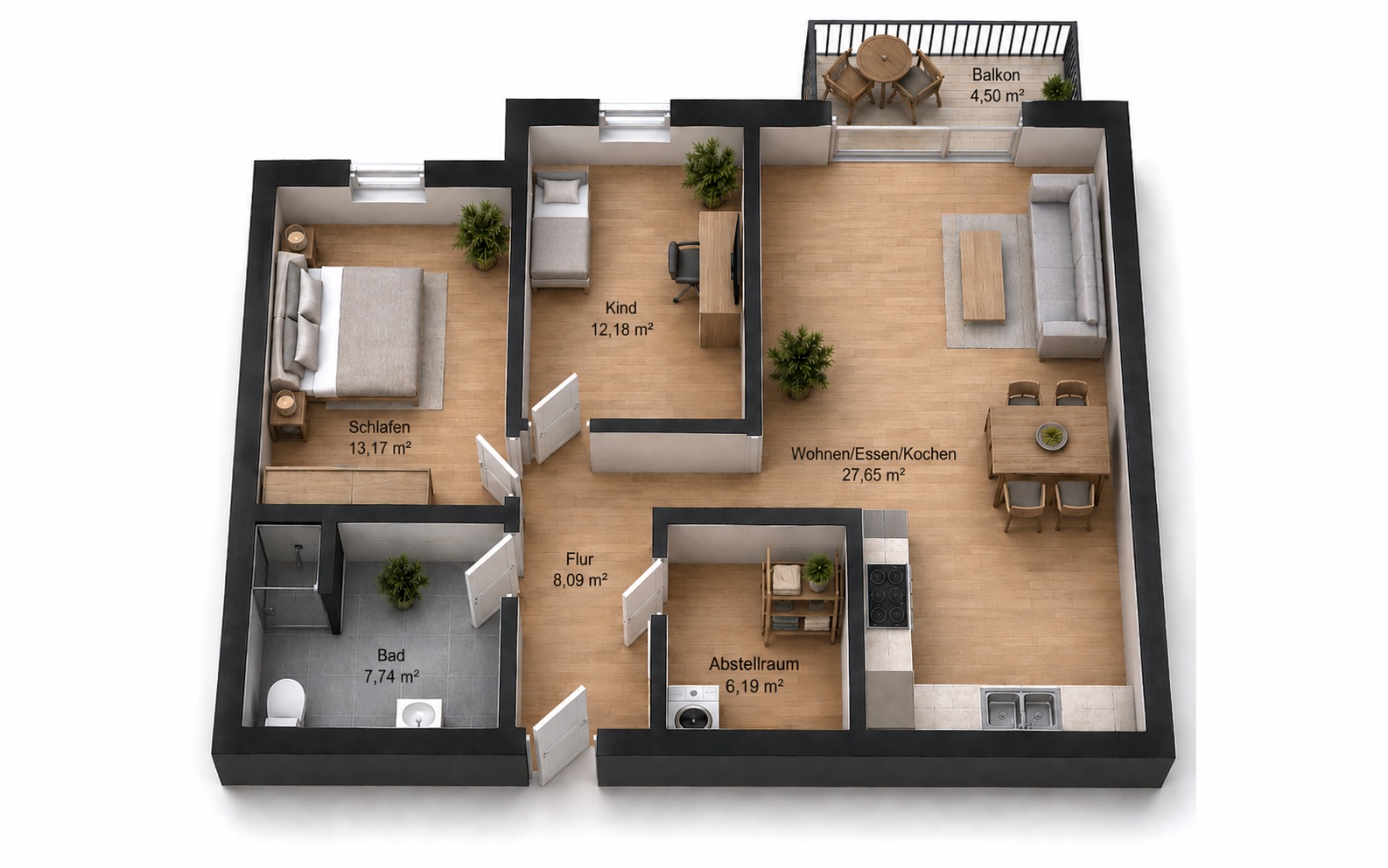Grundriss 3-Zimmer-Wohnung Turm Living